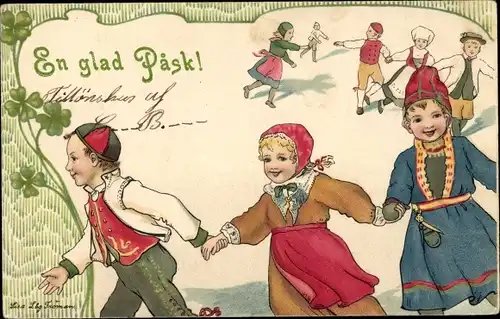 Künstler Litho Lindberg, Lisa, Glückwunsch Ostern, Kinder in schwedischen Trachten, Kleeblätter