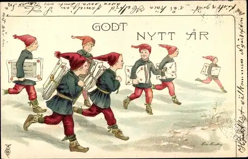 Künstler Litho Lindberg, Lisa, Glückwunsch Neujahr, Zwerge mit Briefen
