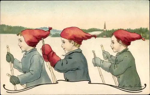 Künstler Litho Lindberg, Lisa, Glückwunsch Neujahr, Zwerge, Ski, Schnee