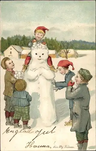 Künstler Litho Lindberg, Lisa, Glückwunsch Weihnachten, Jungen bauen einen Schneemann