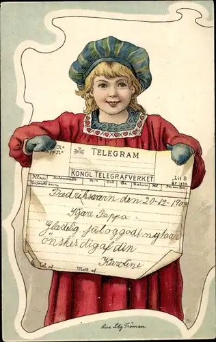 Künstler Litho Lindberg, Lisa, Mädchen in Tracht mit Telegramm
