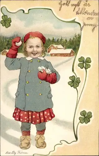 Künstler Litho Lindberg, Lisa, Mädchen mit Schneebällen, Kleeblätter