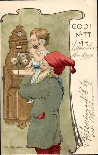 Künstler Litho Lindberg, Lisa, Glückwunsch Neujahr, Zwerg, Kind am Telefon