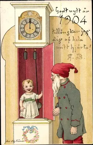 Künstler Litho Lindberg, Lisa, Glückwunsch Neujahr, Kind in einer Standuhr, Zwerg