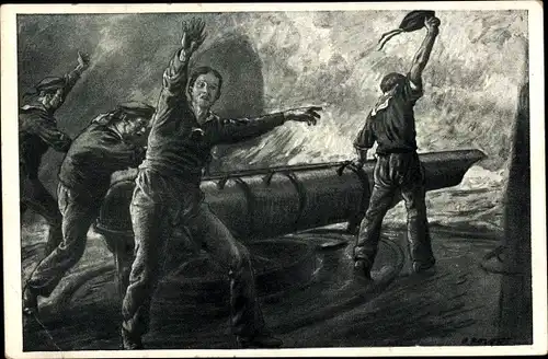 Künstler Ak Roloff, O., Ein Volltreffer, Matrosen am Torpedogeschütz