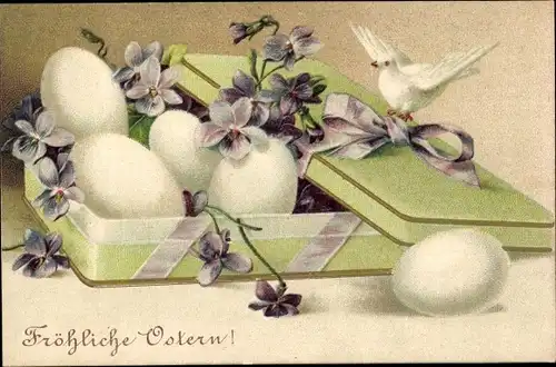 Ak Glückwunsch Ostern, Eier in Schachtel, Taube, Veilchen