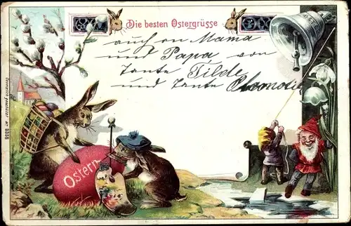 Litho Glückwunsch Ostern, Osterhasen bemalen Osterei, Zwerge läuten Glocke, Weidenkätzchen