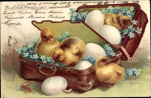 Präge Litho Glückwunsch Ostern, Küken und Eier in einer Tasche, Vergissmeinnichtblüten