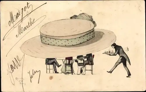 Künstler Ak Kellner, Personen unter großem Damenhut