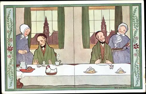 Künstler Ak Cramer, Rie, Versjes van vroeger, Bom bam beieren, Mann am Essenstisch, Frau