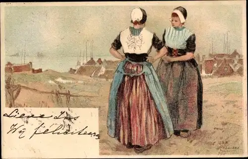 Künstler Litho Cassiens, H., Frauen in niederländischen Volkstrachten