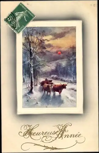 Ak Glückwunsch Neujahr, Winterlandschaft mit Rindern