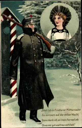 Ak Steh ich in finstrer Mitternacht, Wachsoldat, Frauenportrait