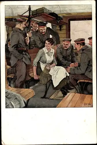 Künstler Ak Wennerberg, Bruno, Urlaubsfahrt, Frau mit Soldaten im Bahnabteil