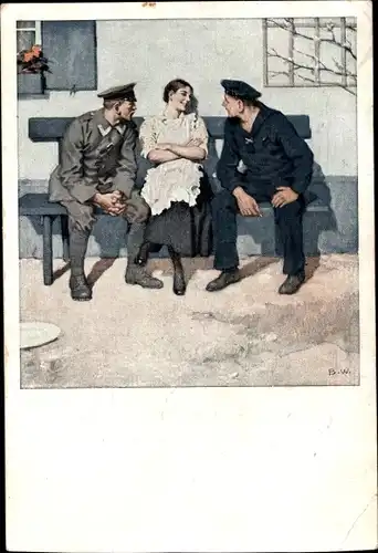 Künstler Ak Wennerberg, Bruno, Frau mit Soldat und Seemann auf einer Bank, Geplänkel