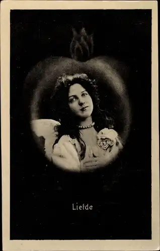 Ak Liefde, Allegorie Frauenportrait in einem Herz
