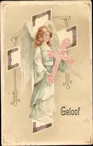 Präge Litho Geloof, Engel mit Kreuz aus Blumen, Allegorie