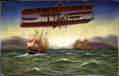 Künstler Ak Segelschiffe auf dem Meer, Doppeldecker