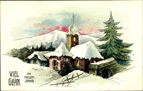 Ak Glückwunsch Neujahr, Winterlandschaft mit Kirche