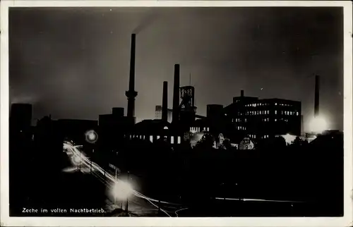 Ak Oberhausen im Ruhrgebiet, Zechenanlage bei Nacht, Schornsteine, Fabrikgelände