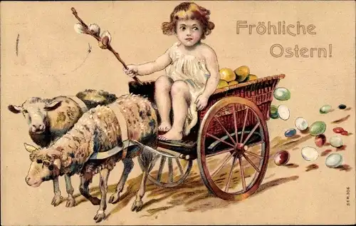 Präge Litho Glückwunsch Ostern, Schafe ziehen Karren mit Kind und Ostereiern, Weidenkätzchen