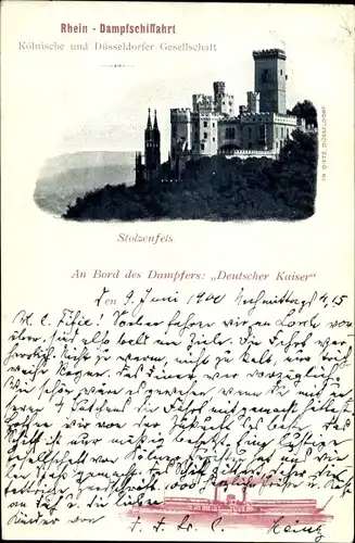 Ak Koblenz in Rheinland Pfalz, Rhein Dampfschifffahrt, Rheindampfer Deutscher Kaiser, Stolzenfels