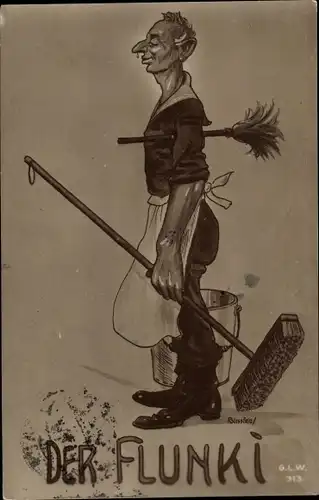 Künstler Ak Blossfeld, Der Flunki, Mann mit Schürze und Besen, Staubwedel