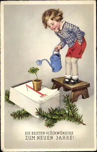 Ak Glückwunsch Neujahr, Kind gießt Kleeblatt, Kalender