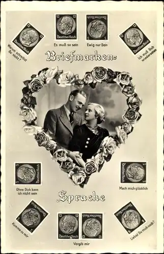 Briefmarken Ak Herz, Liebespaar, Briefmarkensprache, Warum schreibst du nicht