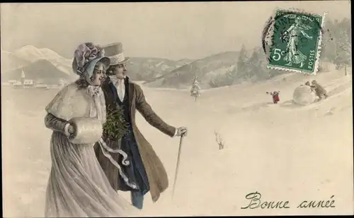 Ak Glückwunsch Neujahr, Elegantes Liebespaar, Kinder bauen große Schneebälle, M. Munk 5400