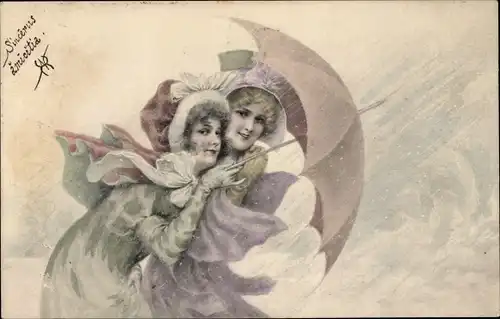 Ak Zwei junge Frauen mit Regenschirm, Munk