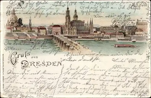 Litho Dresden Altstadt, Brücke, Blick über die Elbe