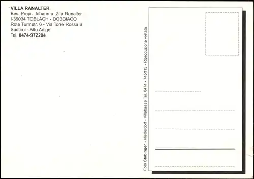 Ak Toblach Dobbiaco Südtirol, Villa Ranalter