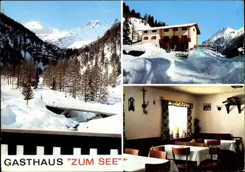 Ak Hinter Martell im Vinschgau Martello Südtirol, Gasthaus Zum See, Speiseraum, Winteransicht