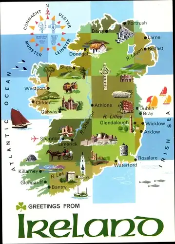 Landkarten Ak Irland, Dublin, Cork, Limerick, Galway, Sligo, Donegal, Derry, Belfast