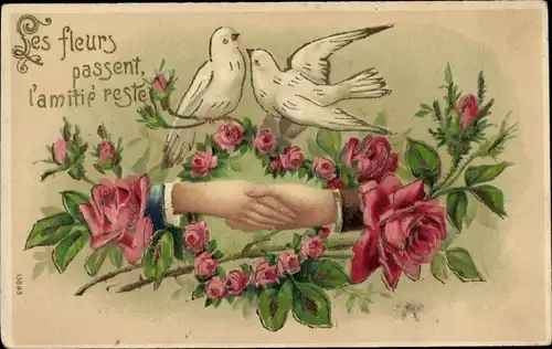 Präge Ak Händedruck, Rosen, Tauben