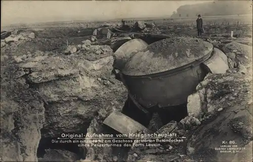 Ak Liège Lüttich Wallonien, Fort Loncin, Durch 42 cm Geschoss zerstörte Betondecken e. Panzerturms