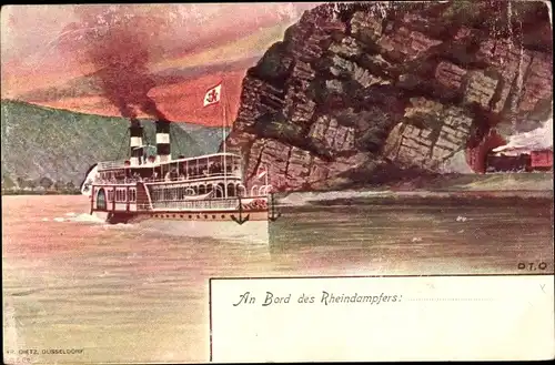 Künstler Litho Rheindampfer auf dem Fluss, Felsen