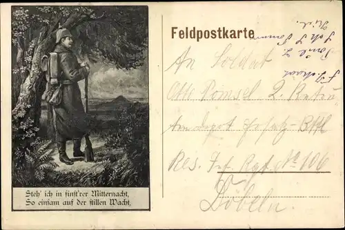 Ak Deutscher Soldat in Uniform, Steh' ich in fünft'er Mitternacht, So einsam auf der stillen Nacht