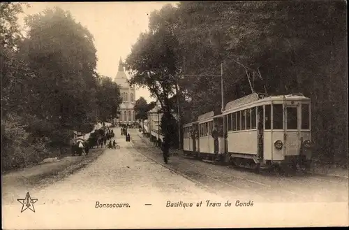 Ak Bon Secours Bonsecours Péruwelz Hennegau, La Route de Conde et Basilique, Straßenbahn
