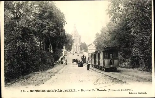 Ak Bon Secours Bonsecours Péruwelz Hennegau, La Route de Conde, Arrivee du Tramway