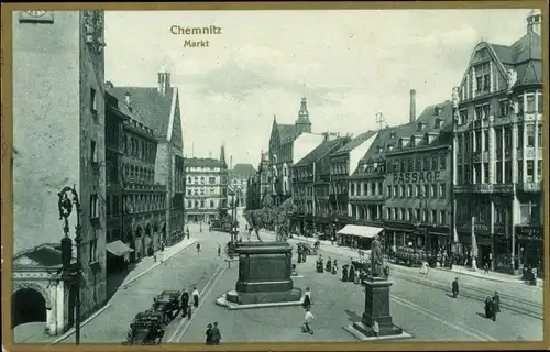 Ak Chemnitz Sachsen, Partie auf dem Markt, Statuen, Passanten, Geschäfte