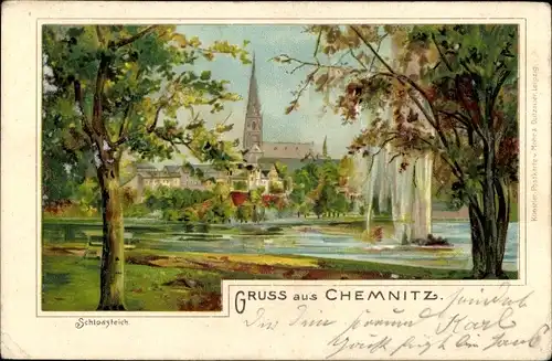 Litho Chemnitz Sachsen, Schlossteich, Kirche im Hintergrund, Fontäne