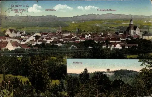 Ak Kamenz Sachsen, Panorama, Landeskrone, Rotsteine und Czorneboh Kamm, Hutberg