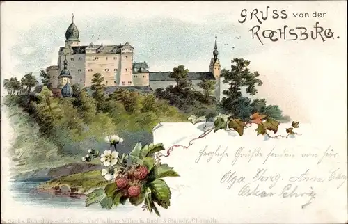 Künstler Litho Rochsburg Lunzenau Mittelsachsen, Kirche und gräfl. Schloß