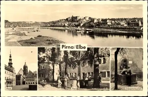 Ak Pirna in Sachsen, Panorama, Erlenpeterbrunnen, Markt, Plan