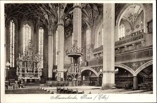 Ak Pirna in Sachsen, Marienkirche, Innenansicht, Kanzel, Altar