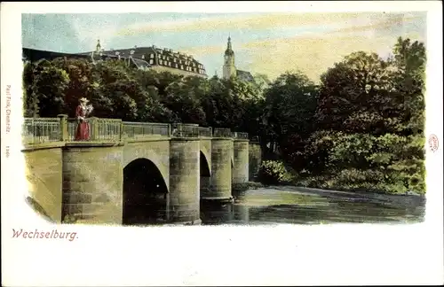 Ak Wechselburg Sachsen, Flusspartie mit Brücke, Schloss, Kirchturm