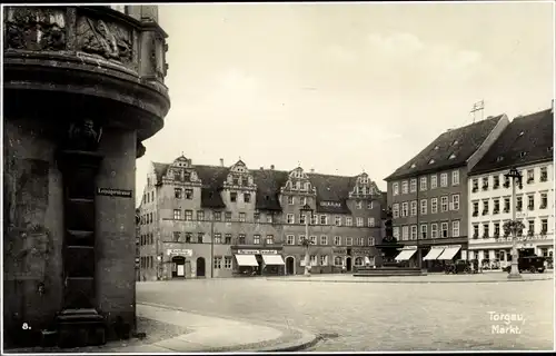 Ak Torgau an der Elbe, Markt, Brunnen, Geschäfte