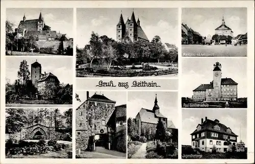 Ak Geithain in Sachsen, altes Stadttor, Nikolaikirche, Marktplatz mit Amtsgericht, Marienkirche